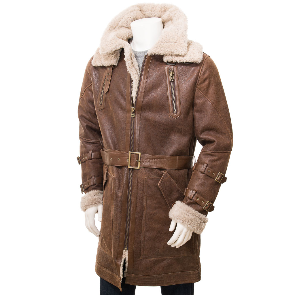 MEN'S BROWN SHEEPSKIN TRENCH COAT: GORHAM-0