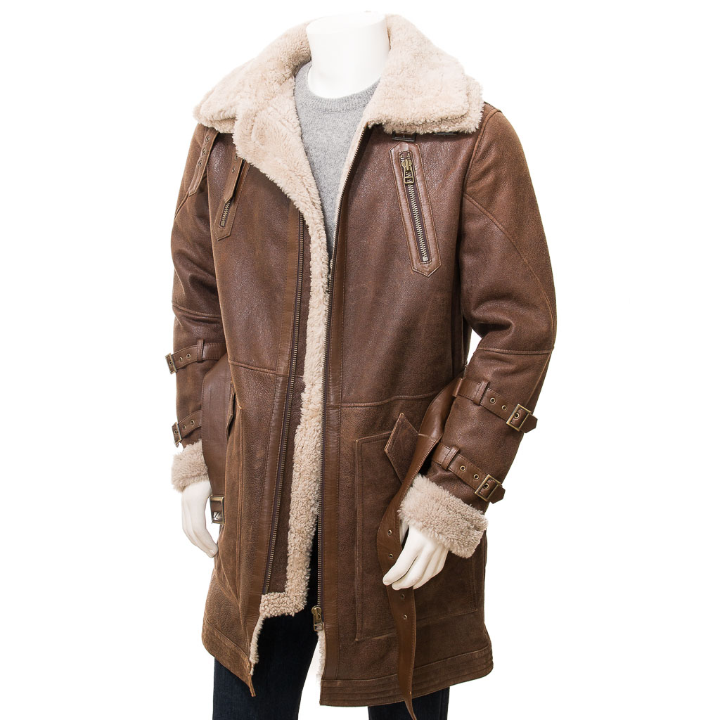 MEN'S BROWN SHEEPSKIN TRENCH COAT: GORHAM-1