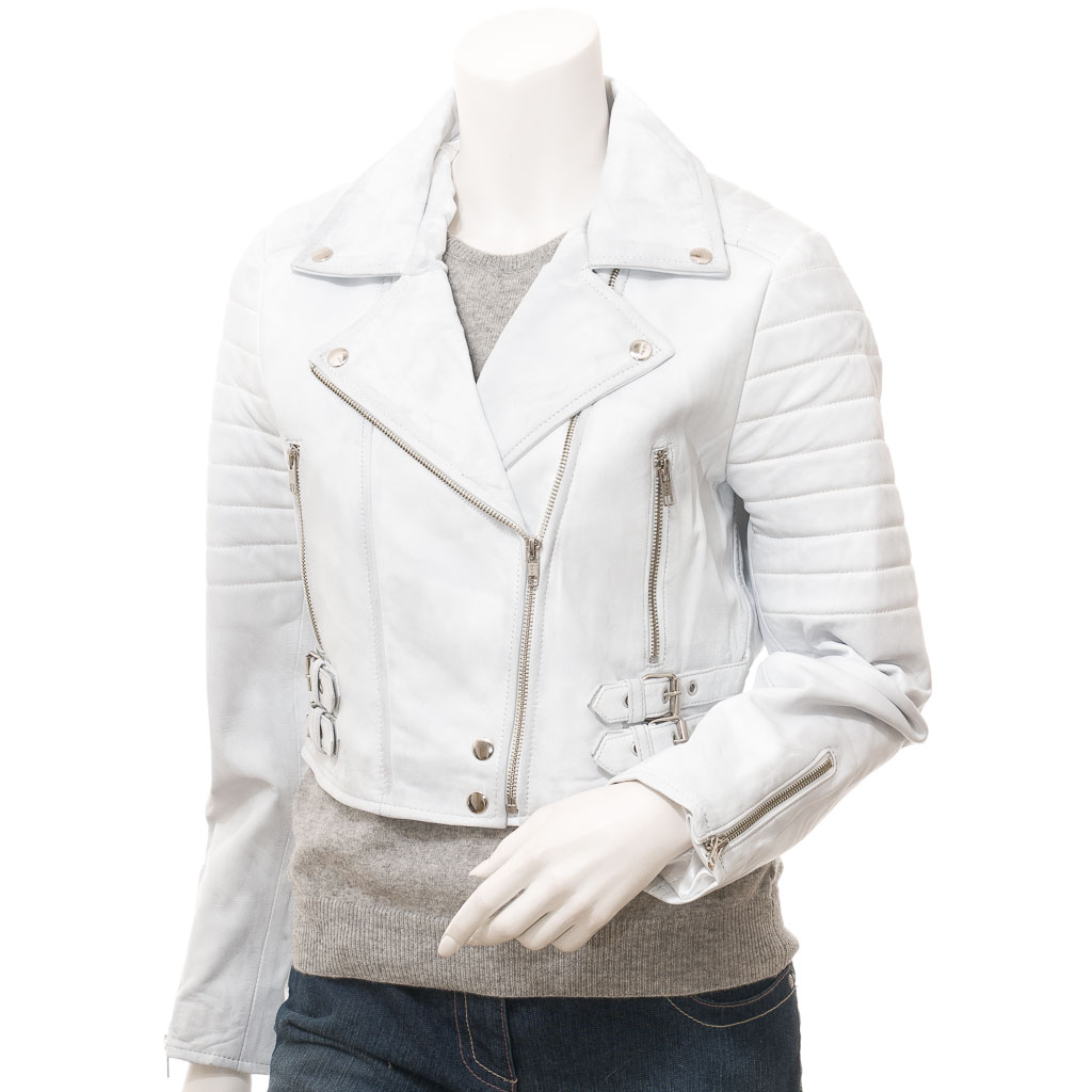 WOMEN'S WHITE LEATHER BIKER JACKET: ANGELICA-0