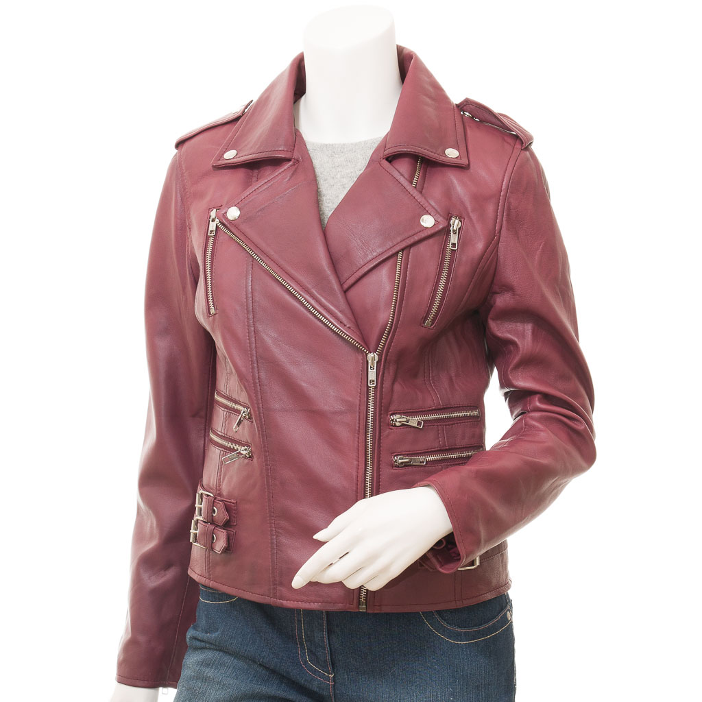 WOMEN'S BURGUNDY LEATHER BIKER JACKET: ELBA-0