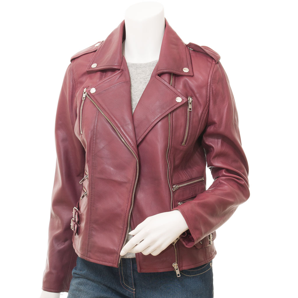 WOMEN'S BURGUNDY LEATHER BIKER JACKET: ELBA-1