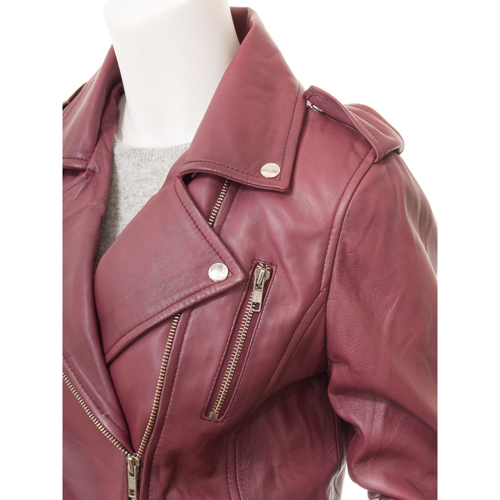 WOMEN'S BURGUNDY LEATHER BIKER JACKET: ELBA-2