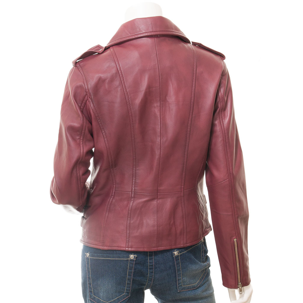 WOMEN'S BURGUNDY LEATHER BIKER JACKET: ELBA-4