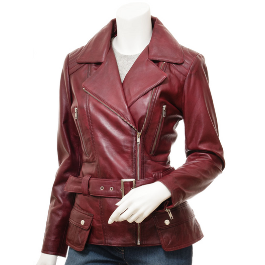 WOMEN'S BURGUNDY LEATHER BIKER JACKET: COCOA-0