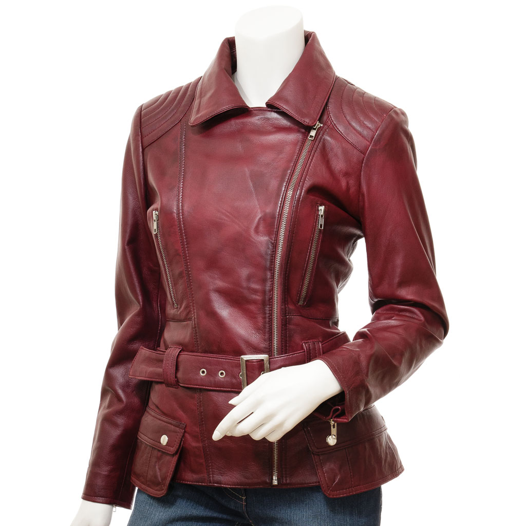 WOMEN'S BURGUNDY LEATHER BIKER JACKET: COCOA-1