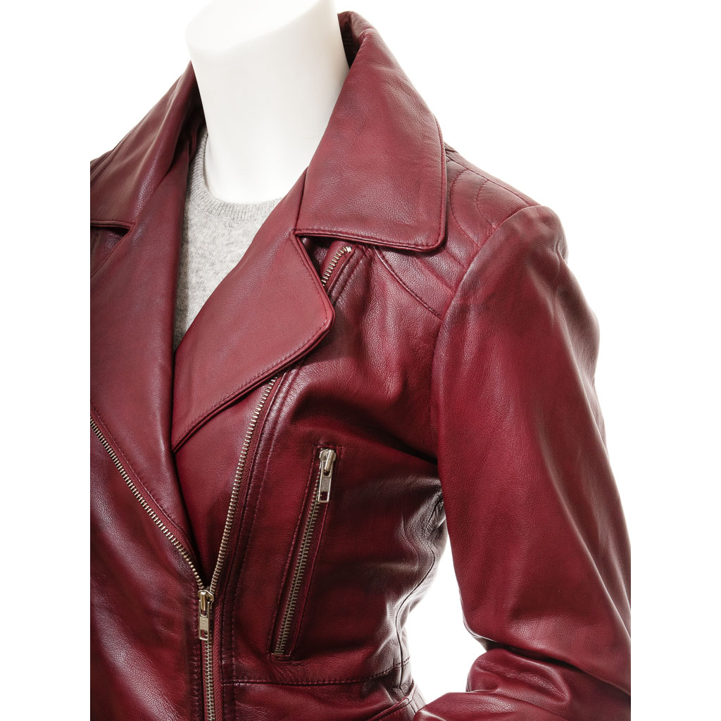 WOMEN'S BURGUNDY LEATHER BIKER JACKET: COCOA-2