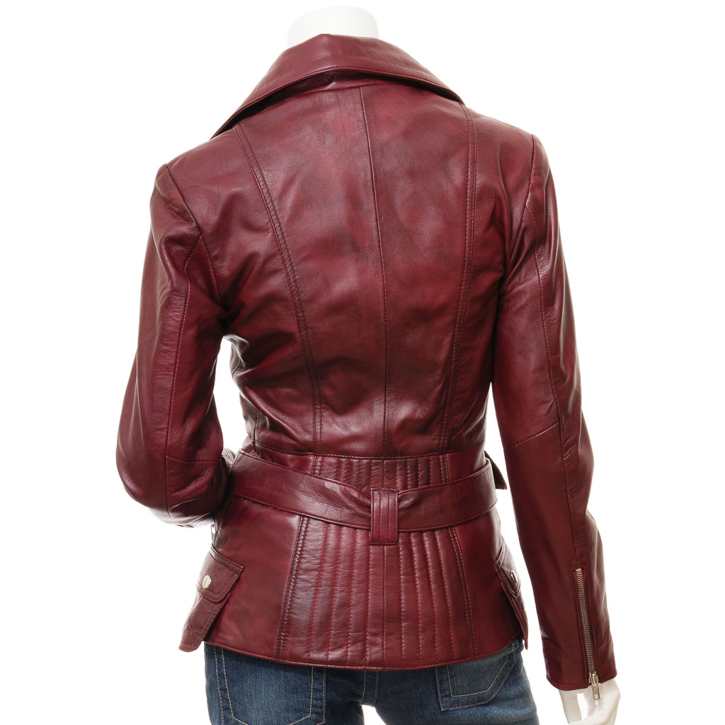 WOMEN'S BURGUNDY LEATHER BIKER JACKET: COCOA-4