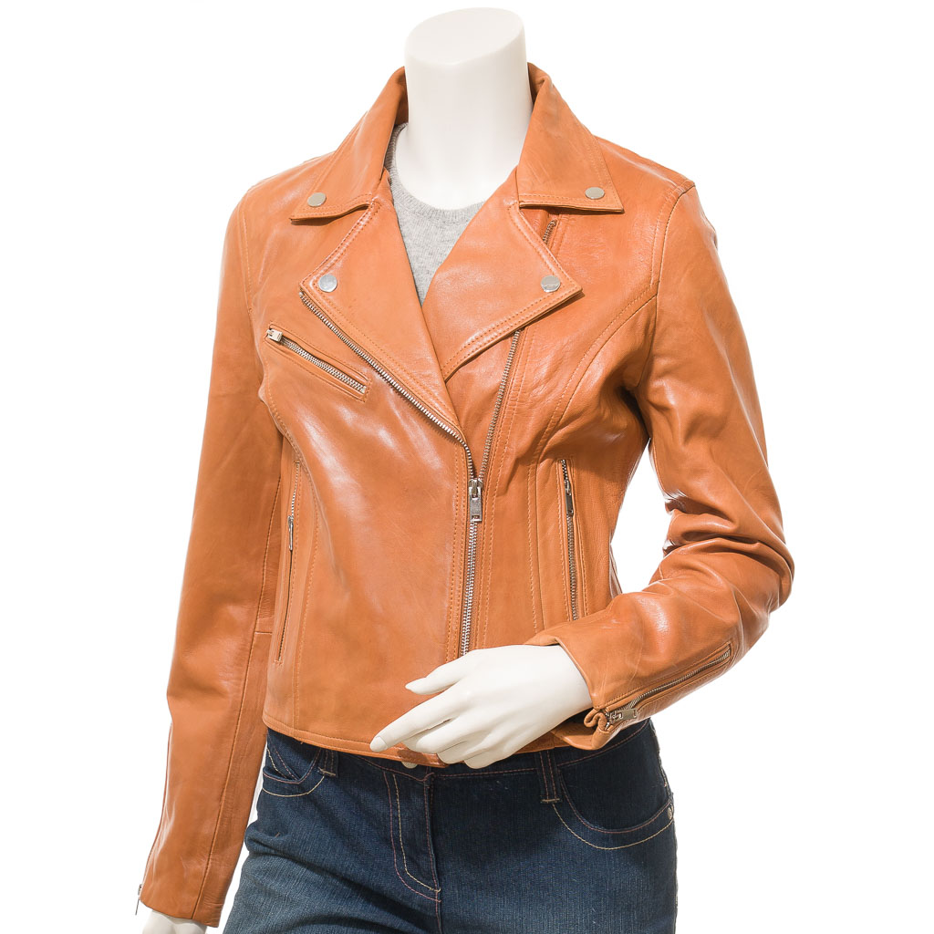 WOMEN'S TAN LEATHER BIKER JACKET: DAVIE-0