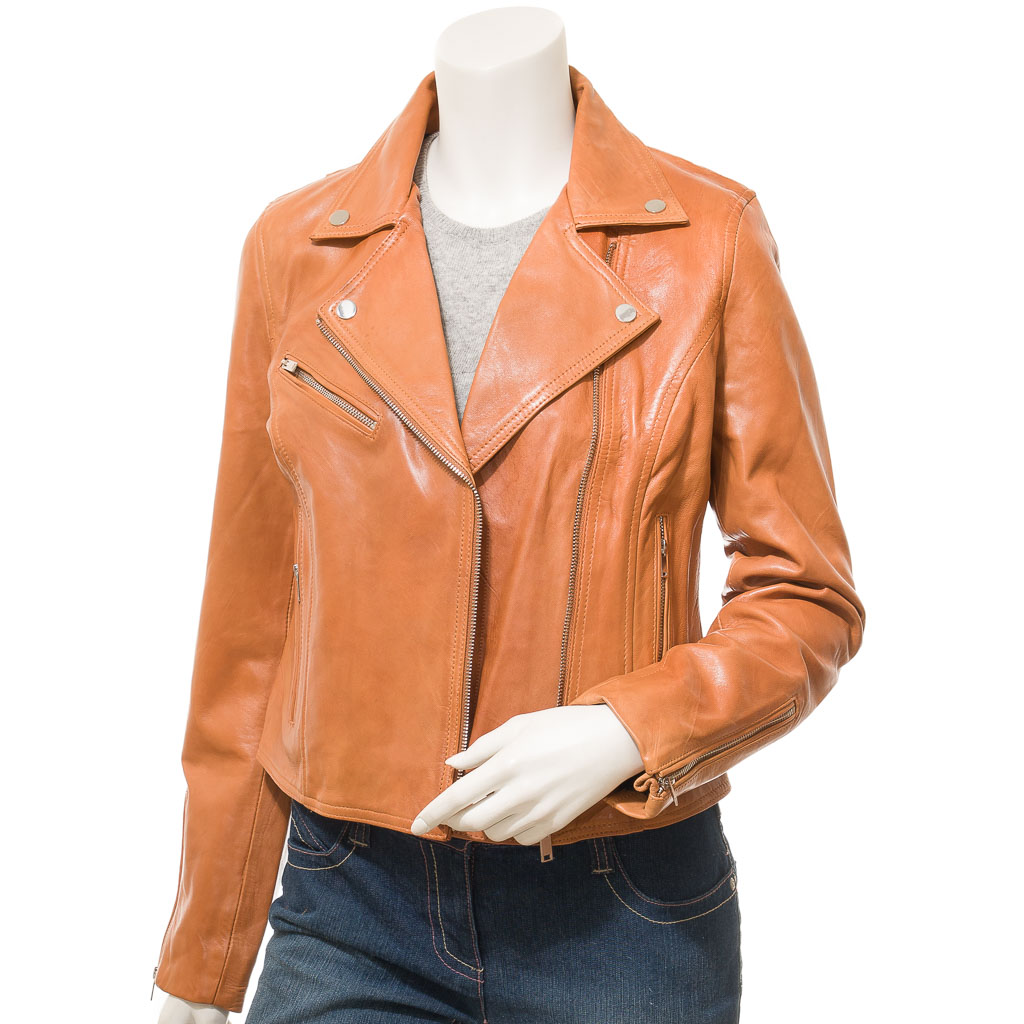 WOMEN'S TAN LEATHER BIKER JACKET: DAVIE-1