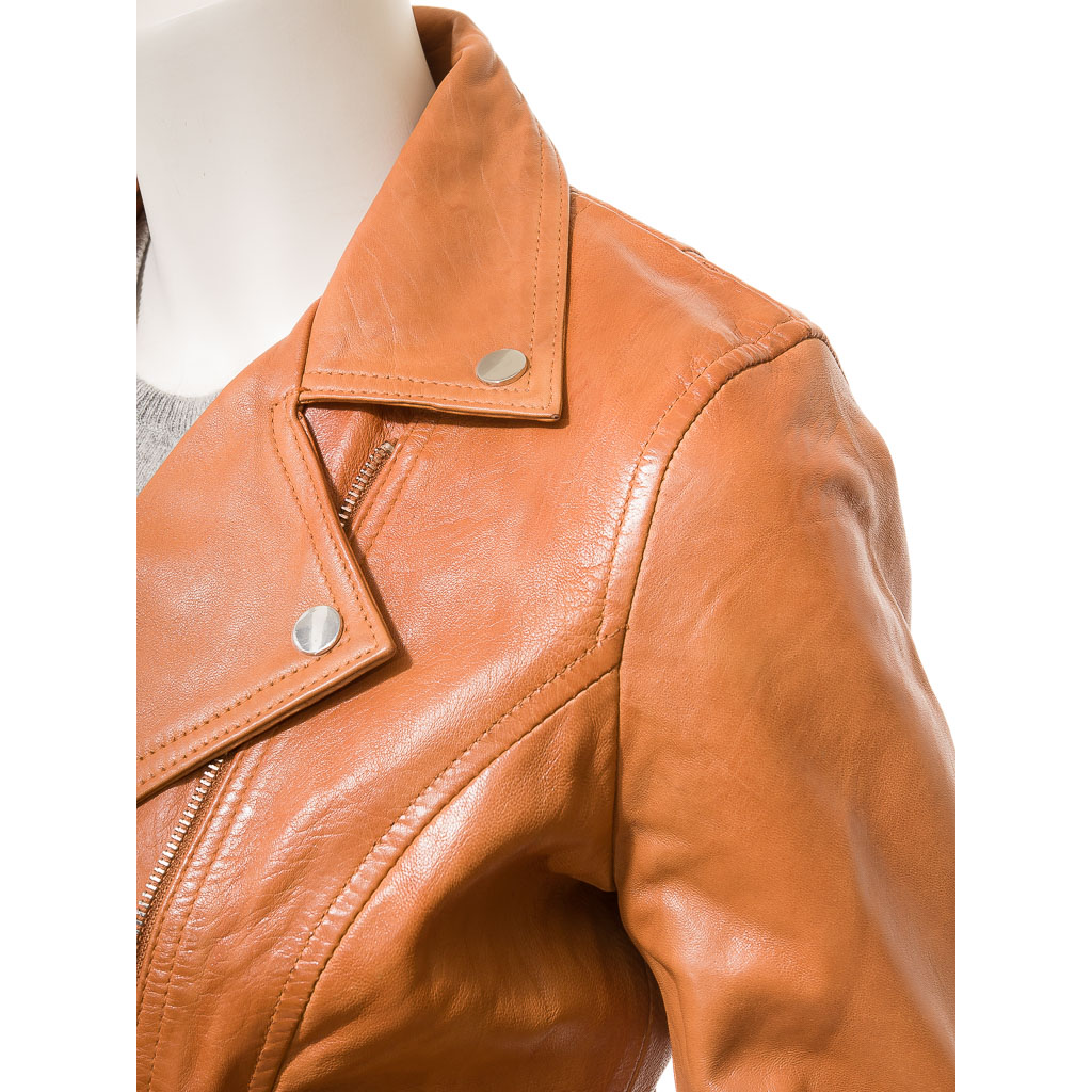 WOMEN'S TAN LEATHER BIKER JACKET: DAVIE-3