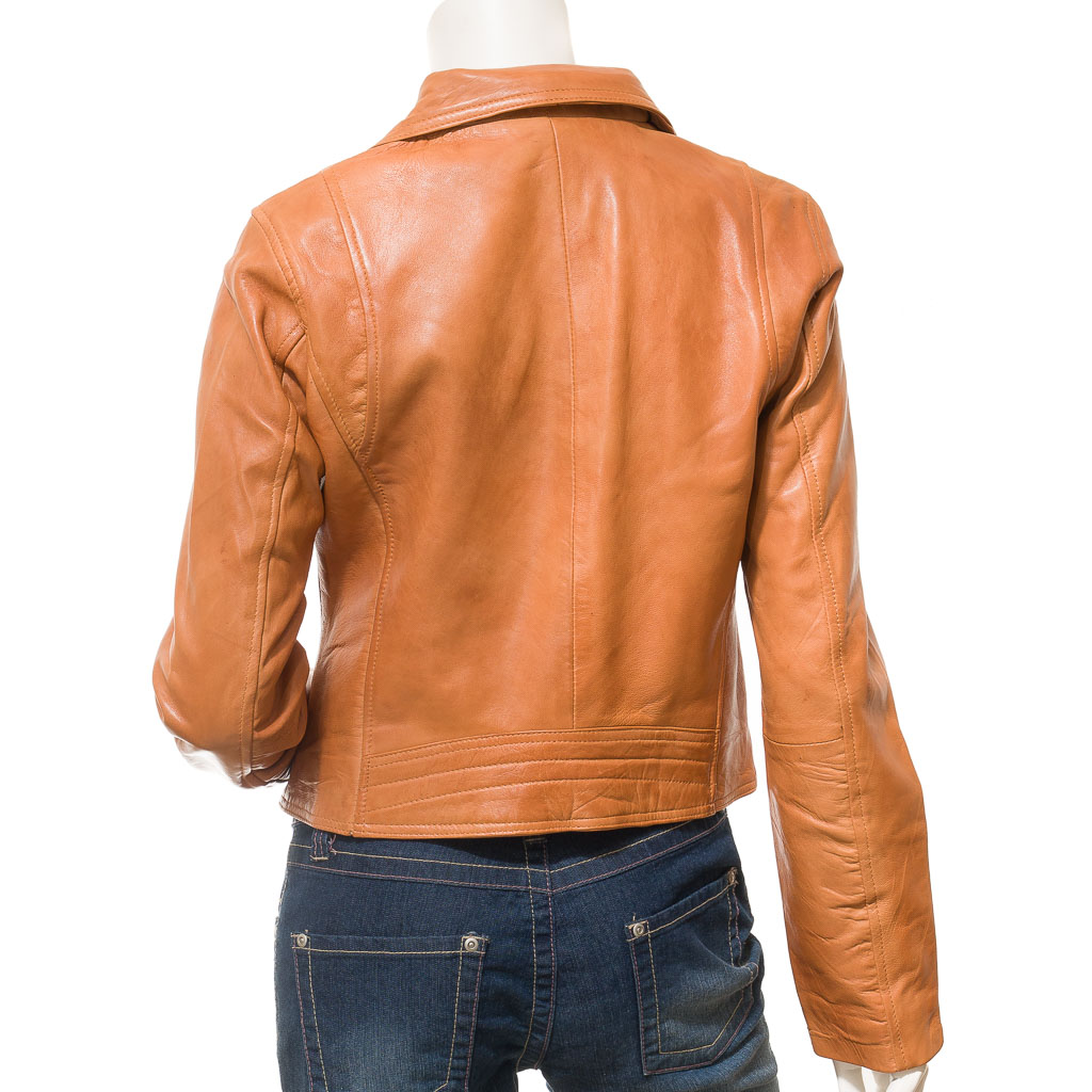 WOMEN'S TAN LEATHER BIKER JACKET: DAVIE-4