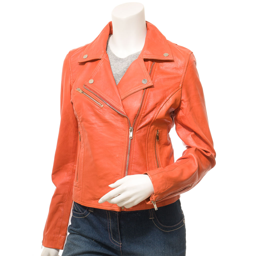 WOMEN'S ORANGE LEATHER BIKER JACKET: DAVIE-0