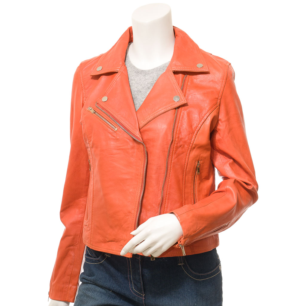 WOMEN'S ORANGE LEATHER BIKER JACKET: DAVIE-1