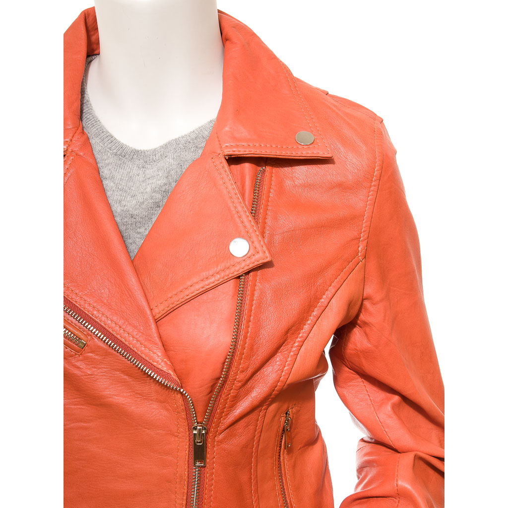 WOMEN'S ORANGE LEATHER BIKER JACKET: DAVIE-2