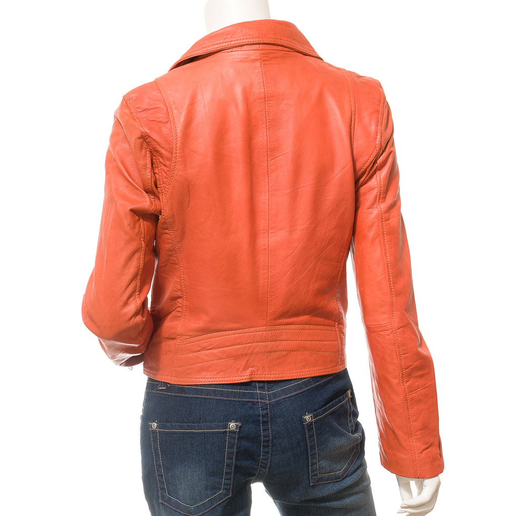 WOMEN'S ORANGE LEATHER BIKER JACKET: DAVIE-4