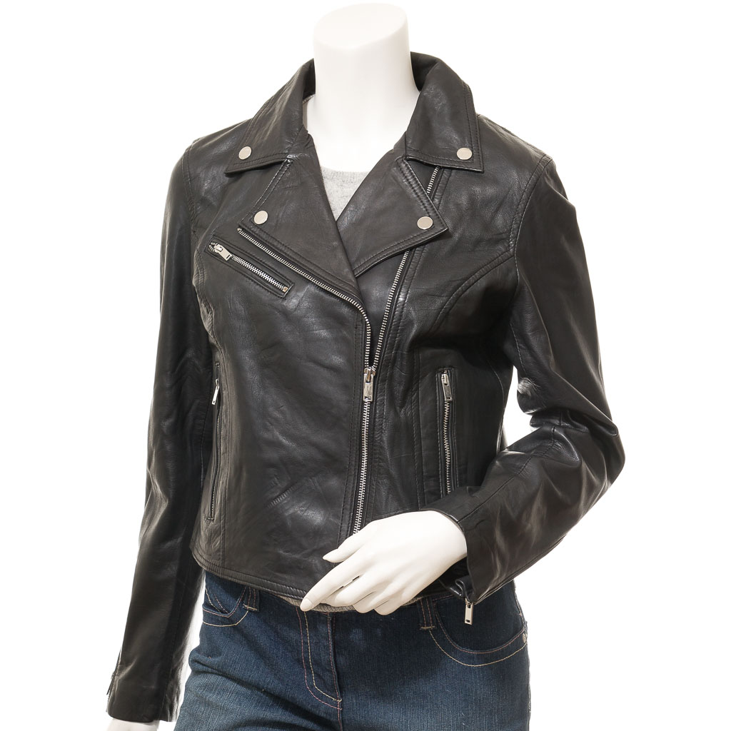 WOMEN'S BLACK LEATHER BIKER JACKET: DAVIE-0