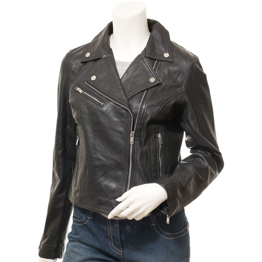 WOMEN'S BLACK LEATHER BIKER JACKET: DAVIE-0