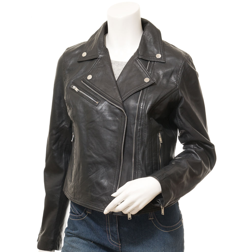 WOMEN'S BLACK LEATHER BIKER JACKET: DAVIE-1