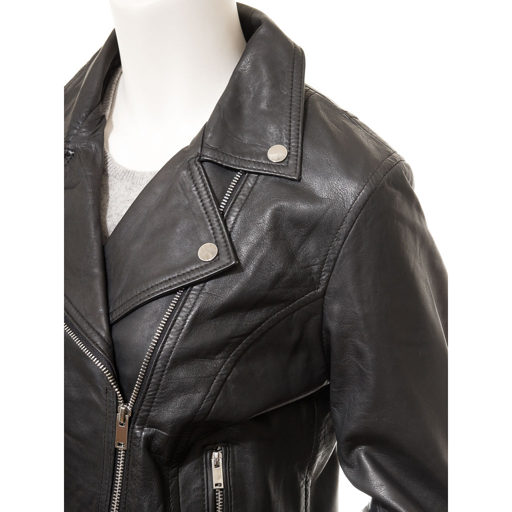 WOMEN'S BLACK LEATHER BIKER JACKET: DAVIE-2