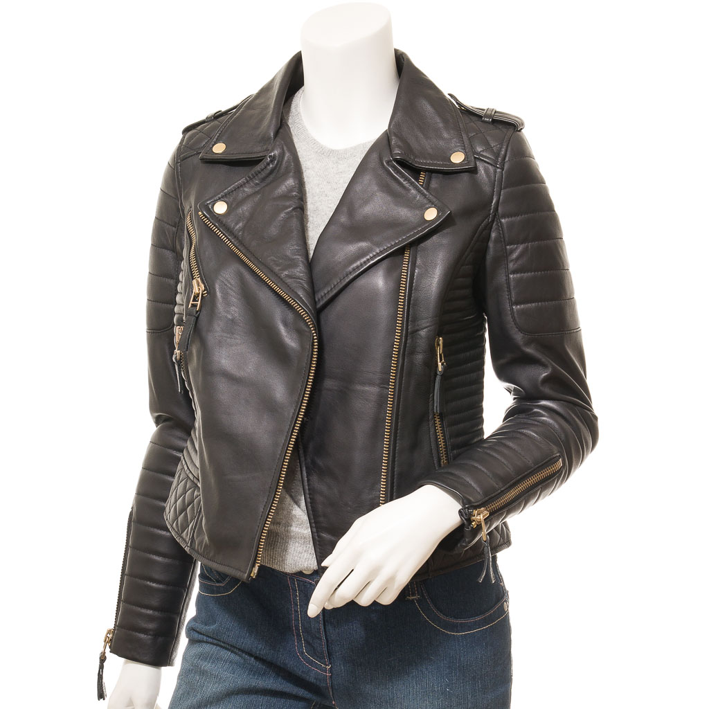 WOMEN'S BLACK LEATHER BIKER JACKET: GRETNA-1