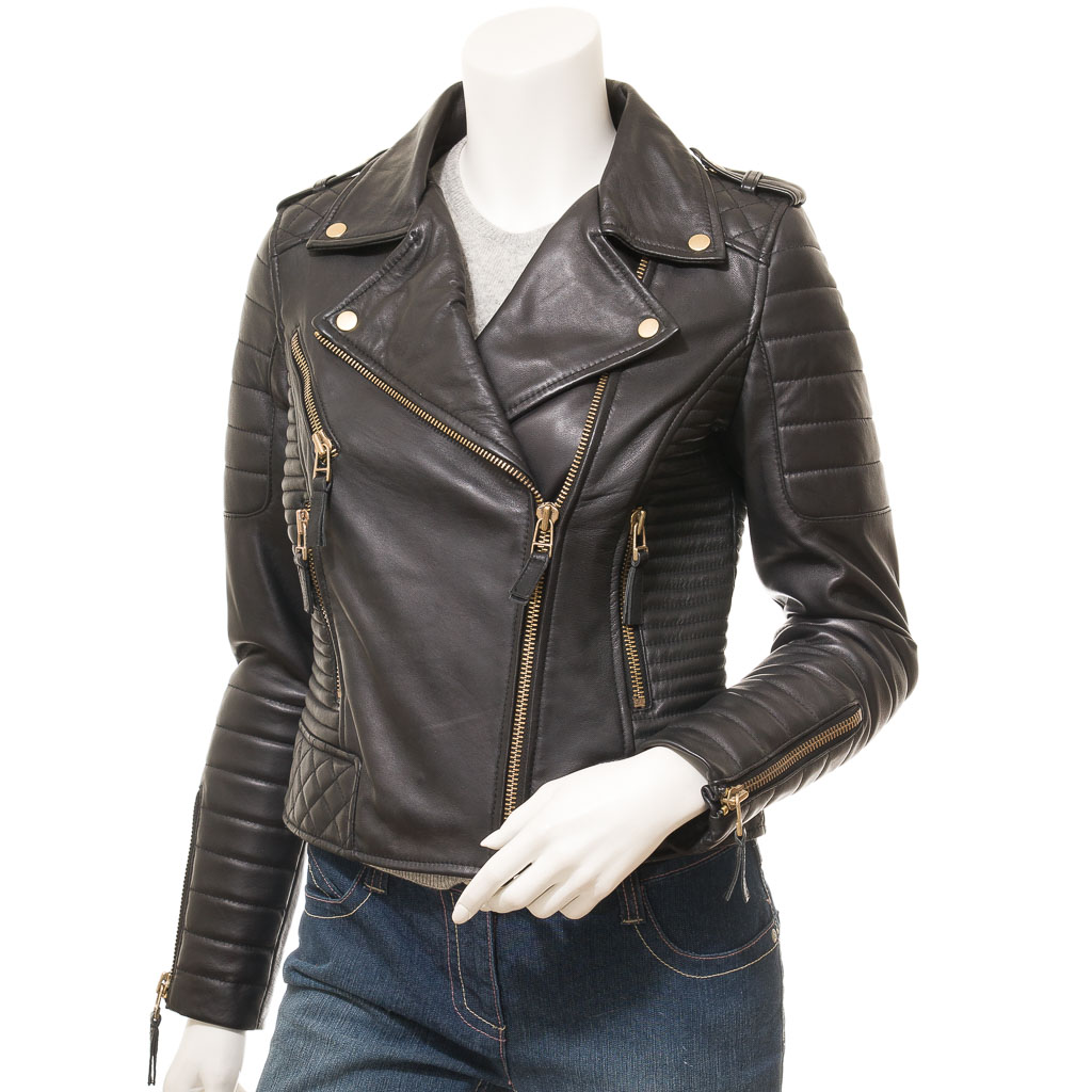 WOMEN'S BLACK LEATHER BIKER JACKET: GRETNA-0