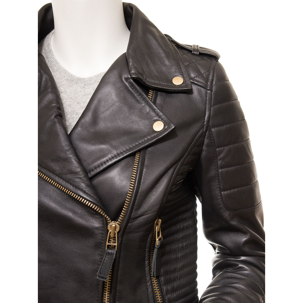 WOMEN'S BLACK LEATHER BIKER JACKET: GRETNA-2