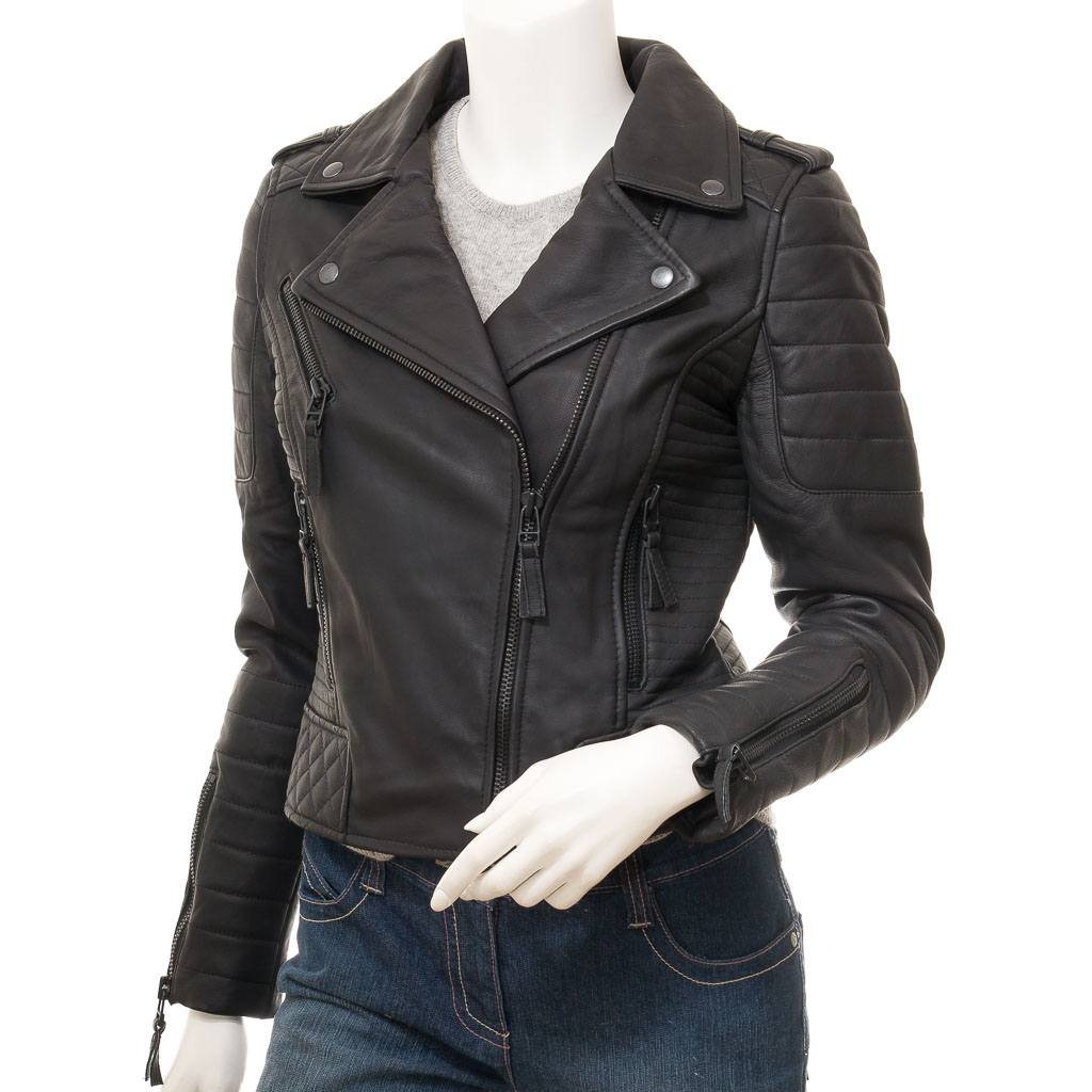 WOMEN'S MATTE BLACK LEATHER BIKER JACKET: GRETNA-0