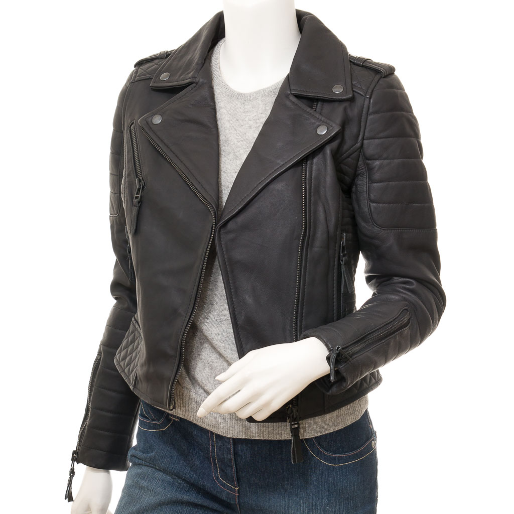 WOMEN'S MATTE BLACK LEATHER BIKER JACKET: GRETNA-1