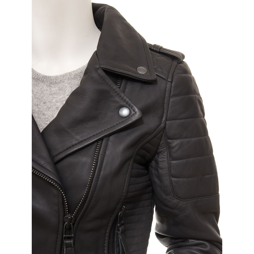 WOMEN'S MATTE BLACK LEATHER BIKER JACKET: GRETNA-2