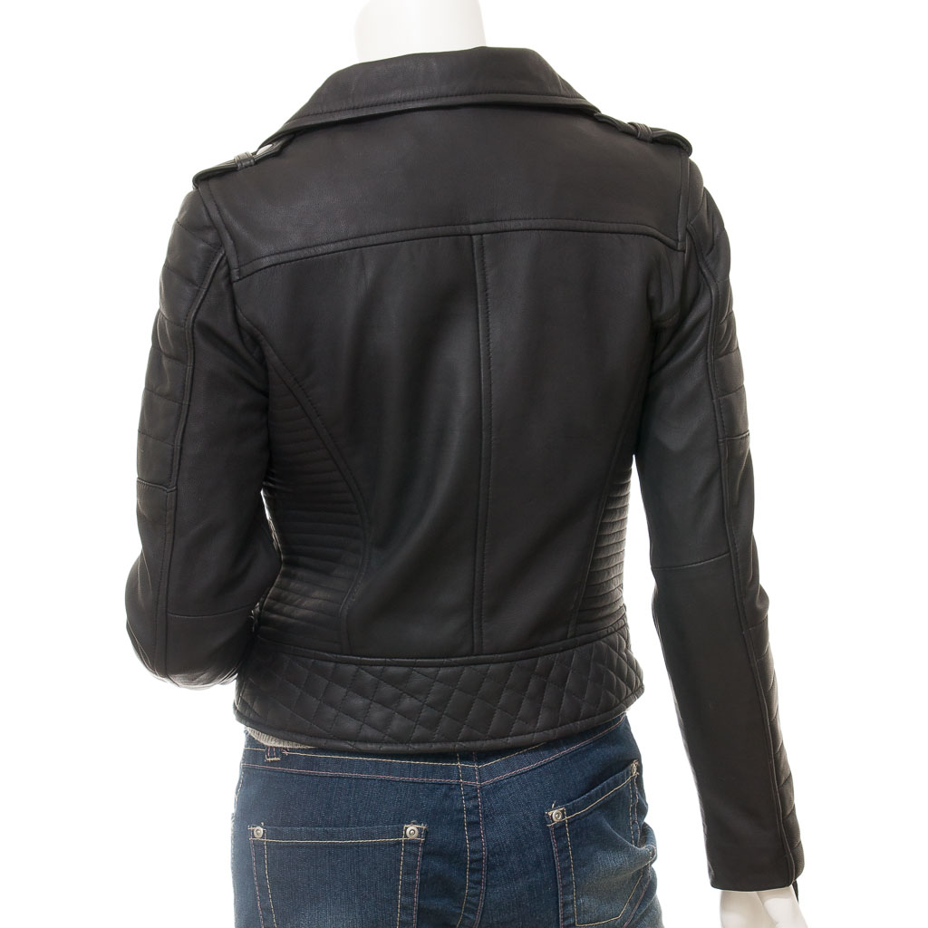 WOMEN'S MATTE BLACK LEATHER BIKER JACKET: GRETNA-4