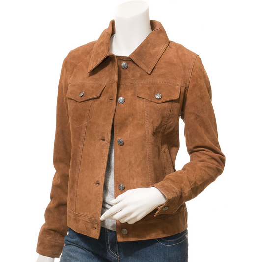 WOMEN'S TAN SUEDE TRUCKER JACKET: HAVANA-0