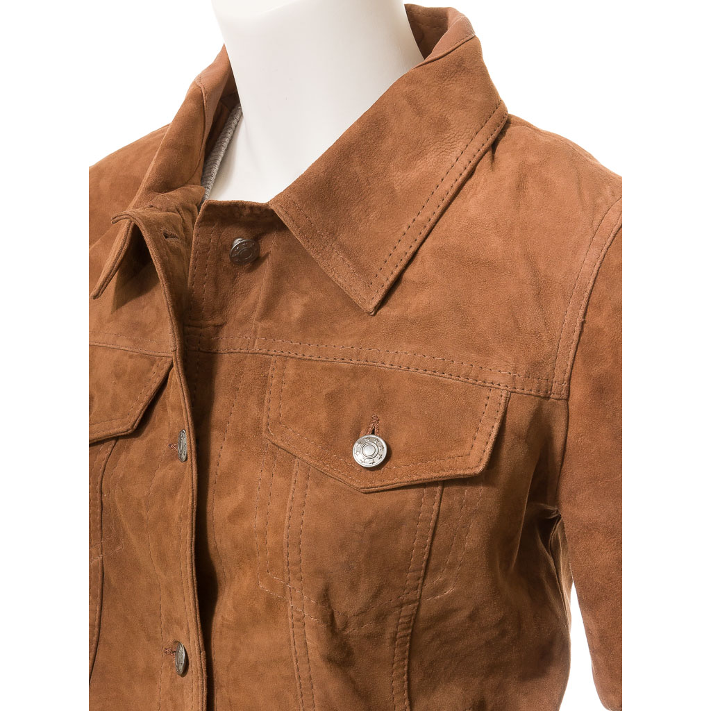 WOMEN'S TAN SUEDE TRUCKER JACKET: HAVANA-1