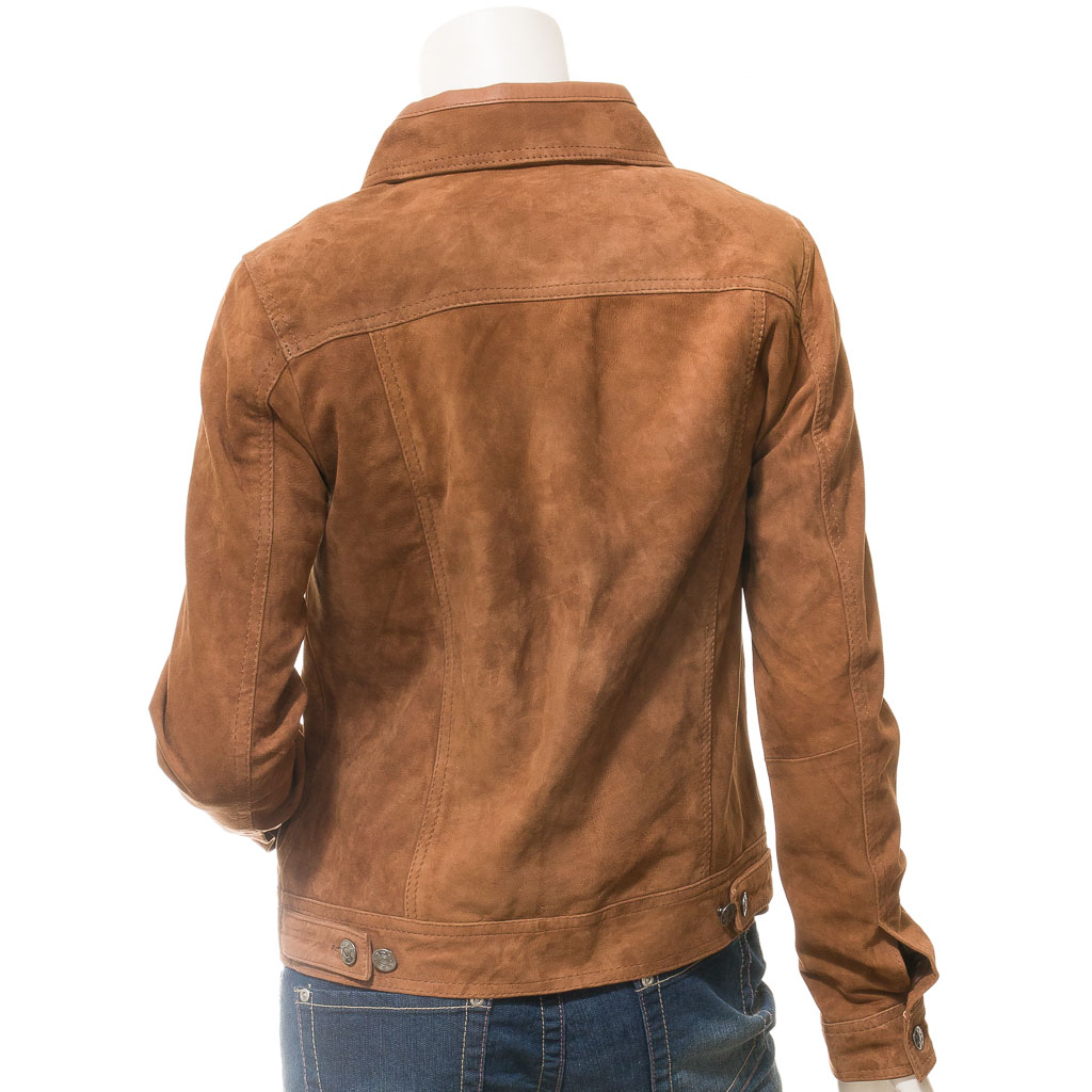 WOMEN'S TAN SUEDE TRUCKER JACKET: HAVANA-2