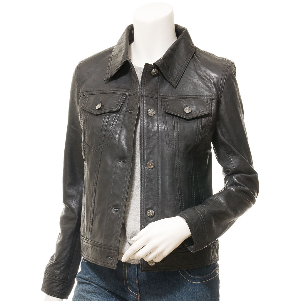 WOMEN'S BLACK LEATHER TRUCKER JACKET: HAVANA-1