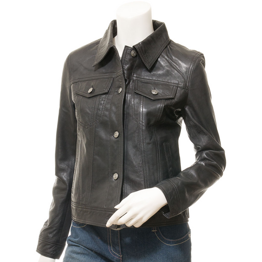 WOMEN'S BLACK LEATHER TRUCKER JACKET: HAVANA-0