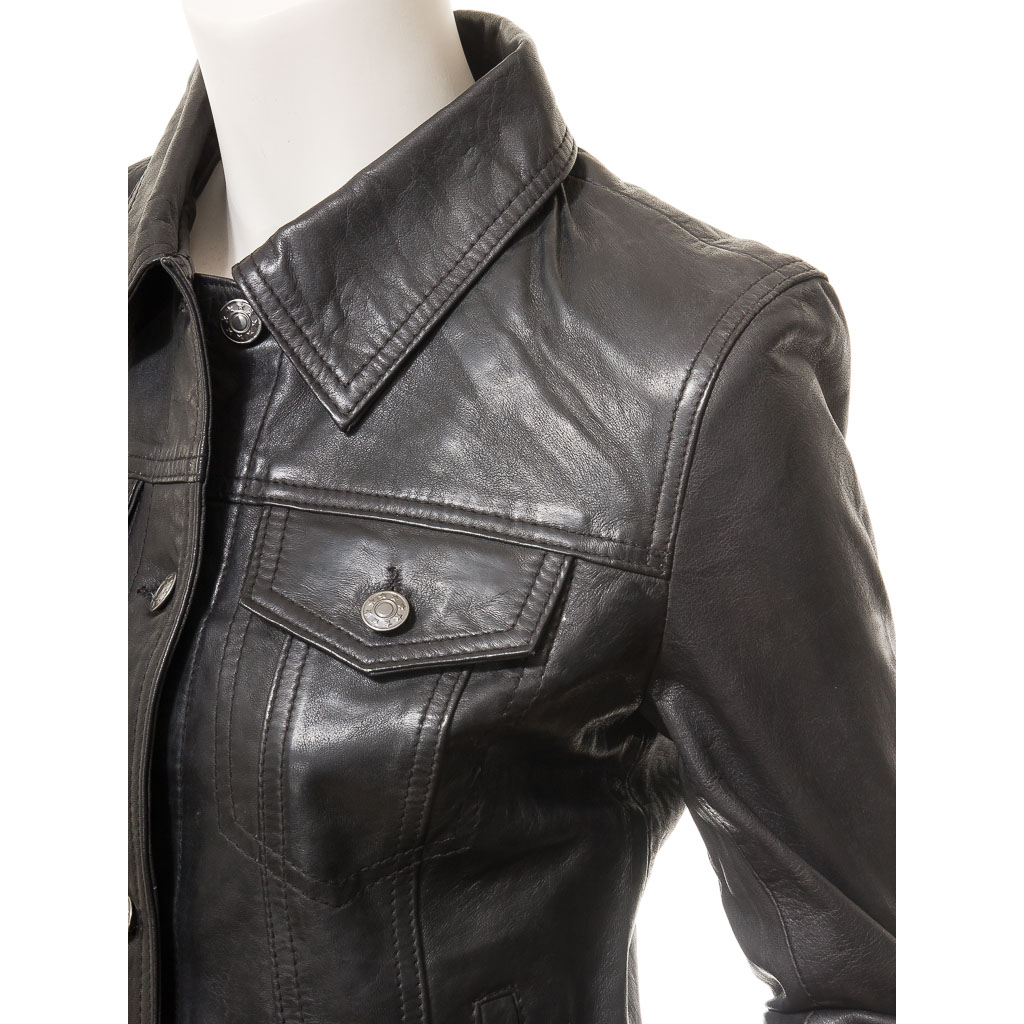 WOMEN'S BLACK LEATHER TRUCKER JACKET: HAVANA-2