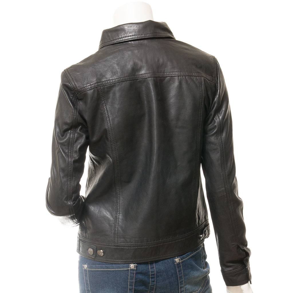 WOMEN'S BLACK LEATHER TRUCKER JACKET: HAVANA-3