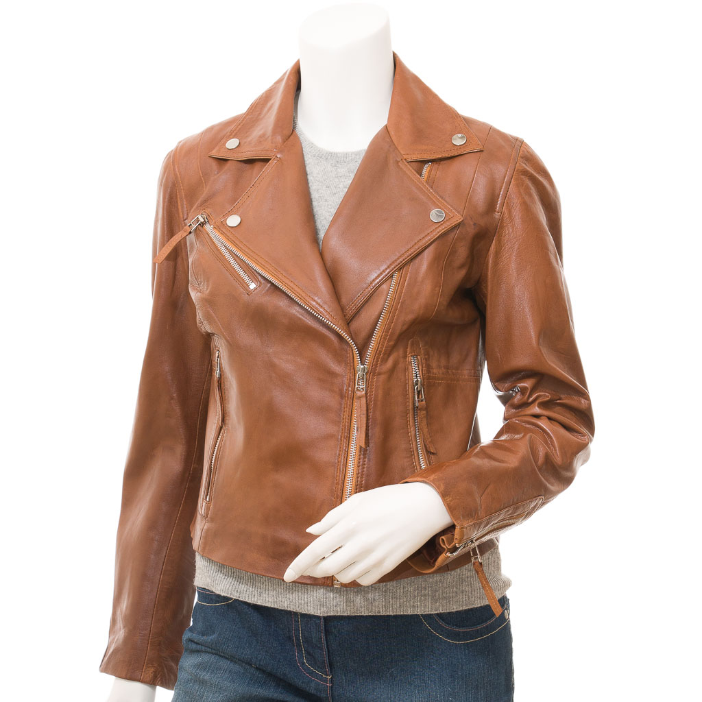 WOMEN'S TAN LEATHER BIKER JACKET: INGLIS-0