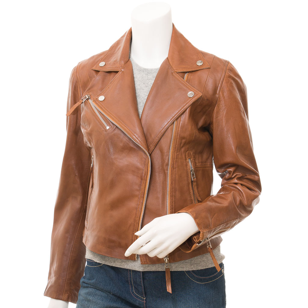 WOMEN'S TAN LEATHER BIKER JACKET: INGLIS-1