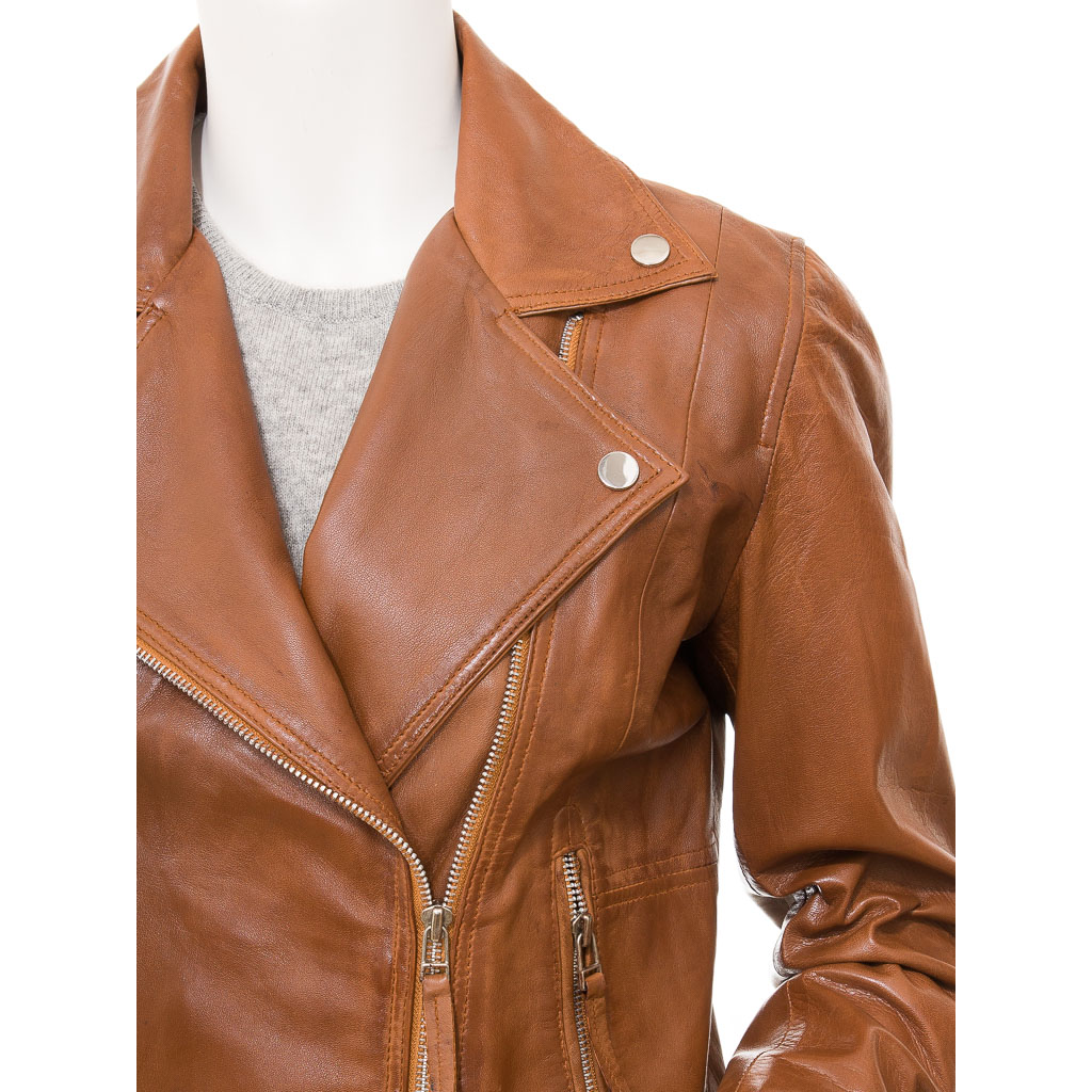 WOMEN'S TAN LEATHER BIKER JACKET: INGLIS-2