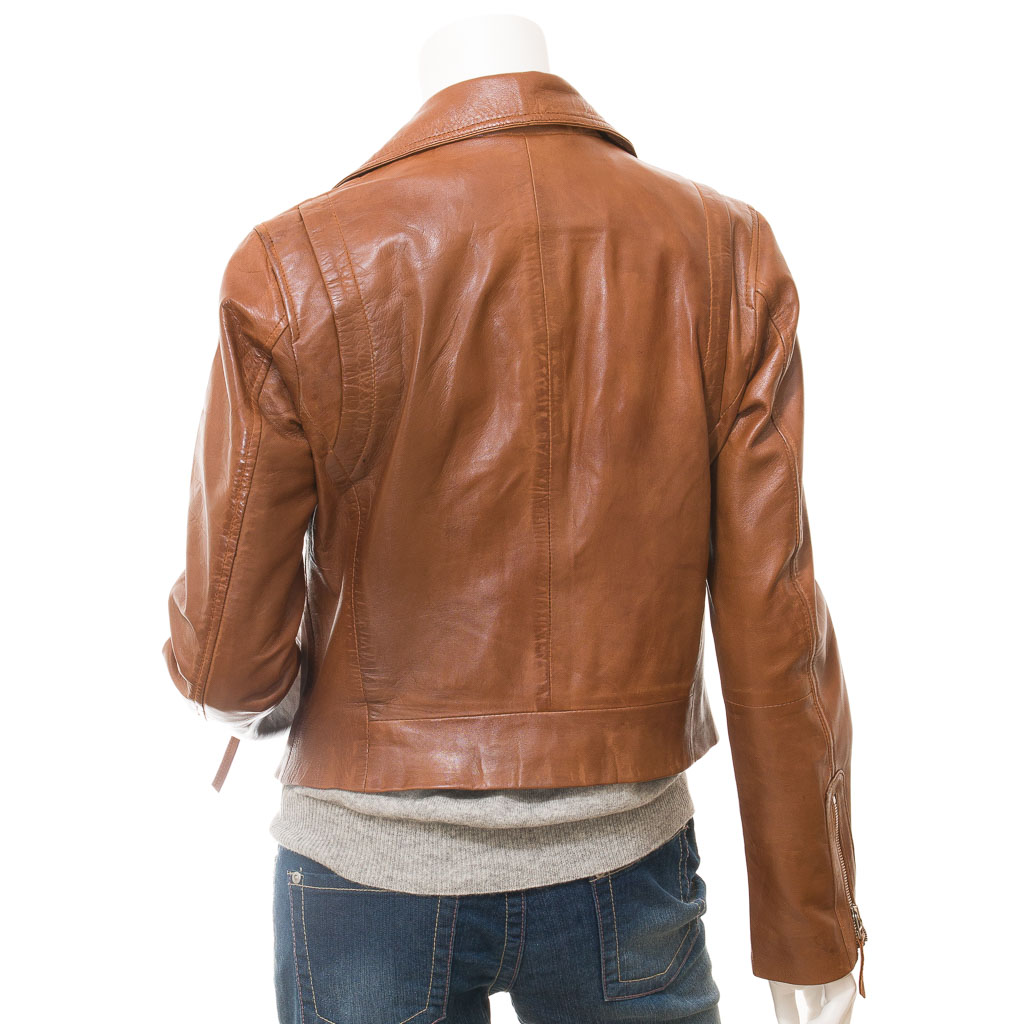 WOMEN'S TAN LEATHER BIKER JACKET: INGLIS-4