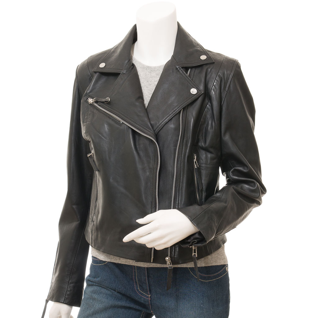 WOMEN'S BLACK LEATHER BIKER JACKET: INGLIS-1