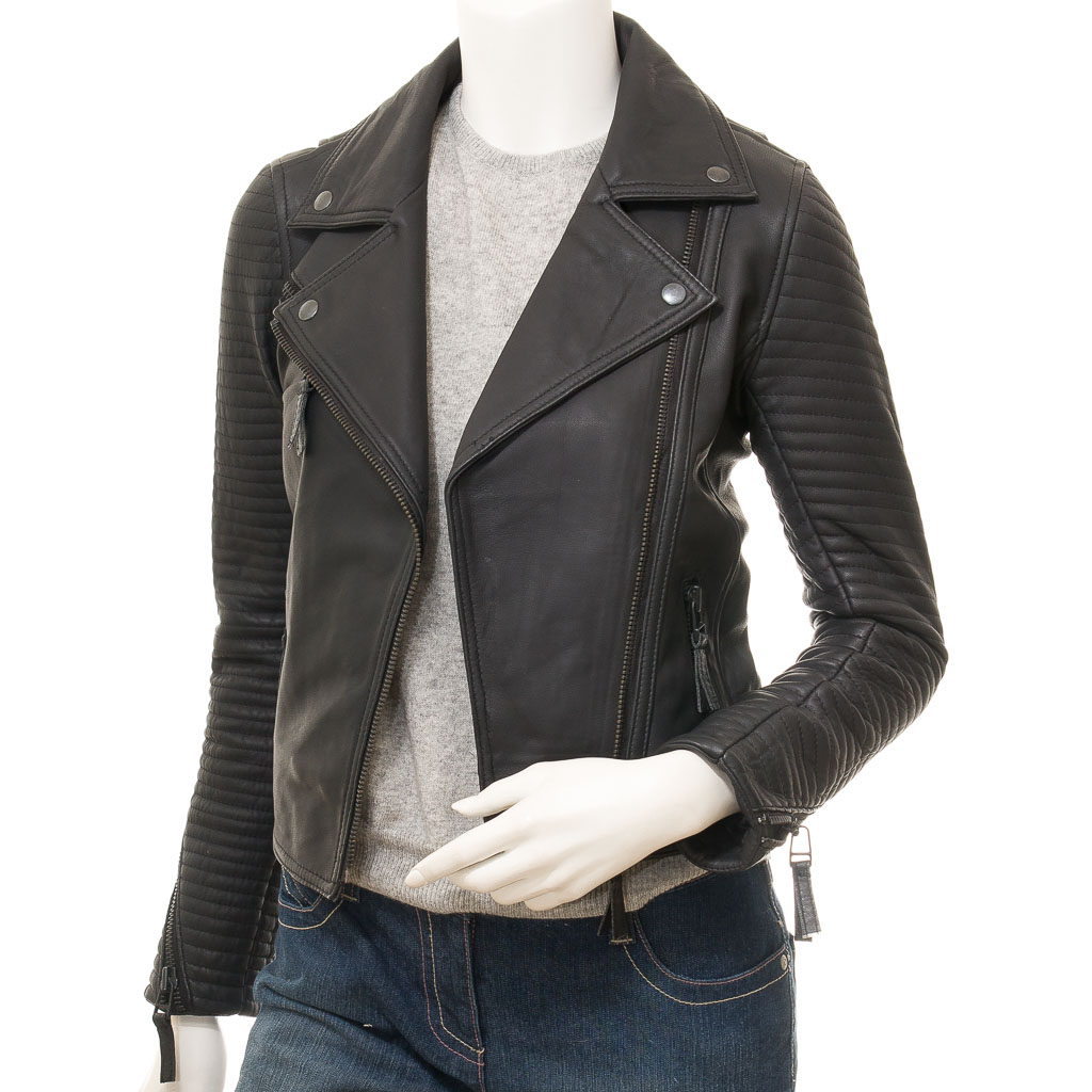 WOMEN'S BLACK LEATHER BIKER JACKET: LANTANA-1