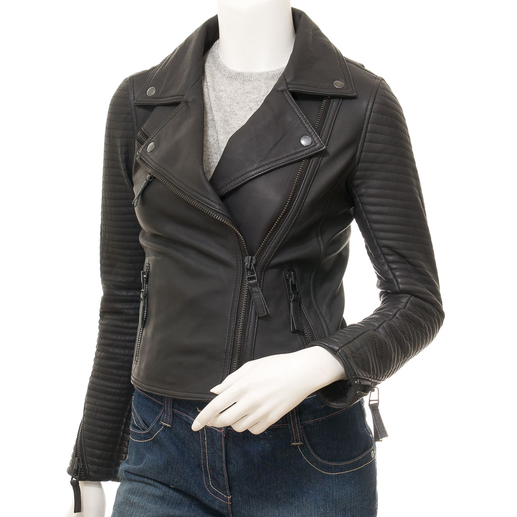 WOMEN'S BLACK LEATHER BIKER JACKET: LANTANA-0