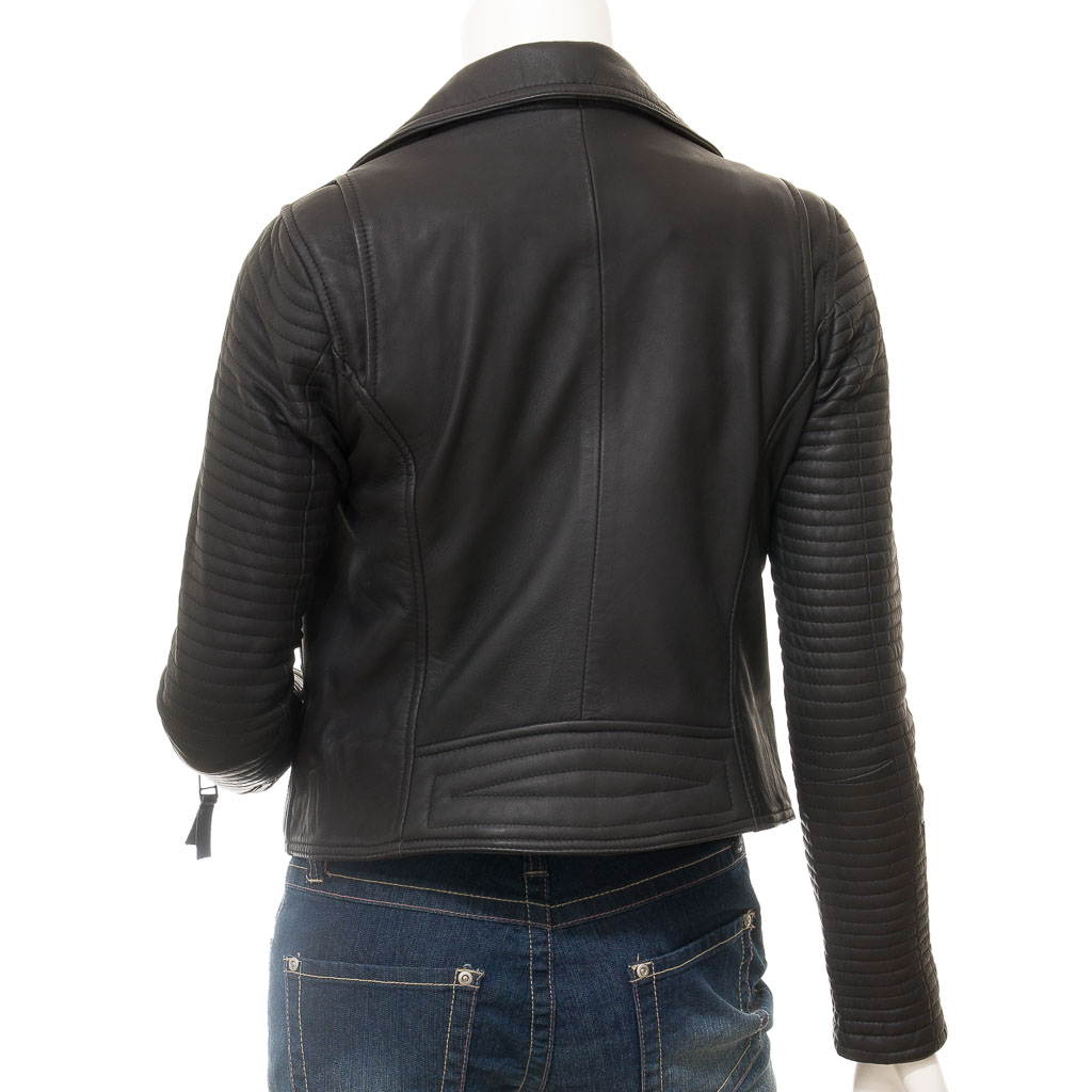 WOMEN'S BLACK LEATHER BIKER JACKET: LANTANA-4