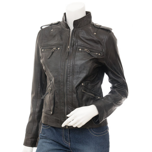 WOMEN'S BLACK BIKER LEATHER JACKET : MARGATE-0