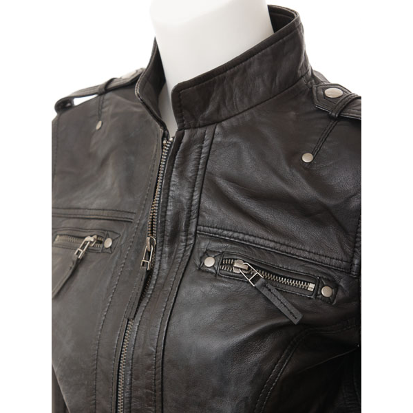 WOMEN'S BLACK BIKER LEATHER JACKET : MARGATE-1