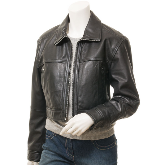 WOMEN'S CROPPED BLACK LEATHER JACKET: MASCOTTE-0