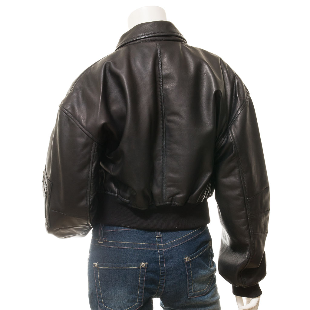 WOMEN'S BLACK LEATHER BOMBER JACKET: NOMA-2