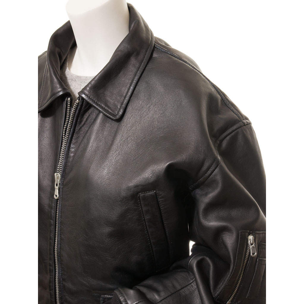 WOMEN'S BLACK LEATHER BOMBER JACKET: NOMA-1